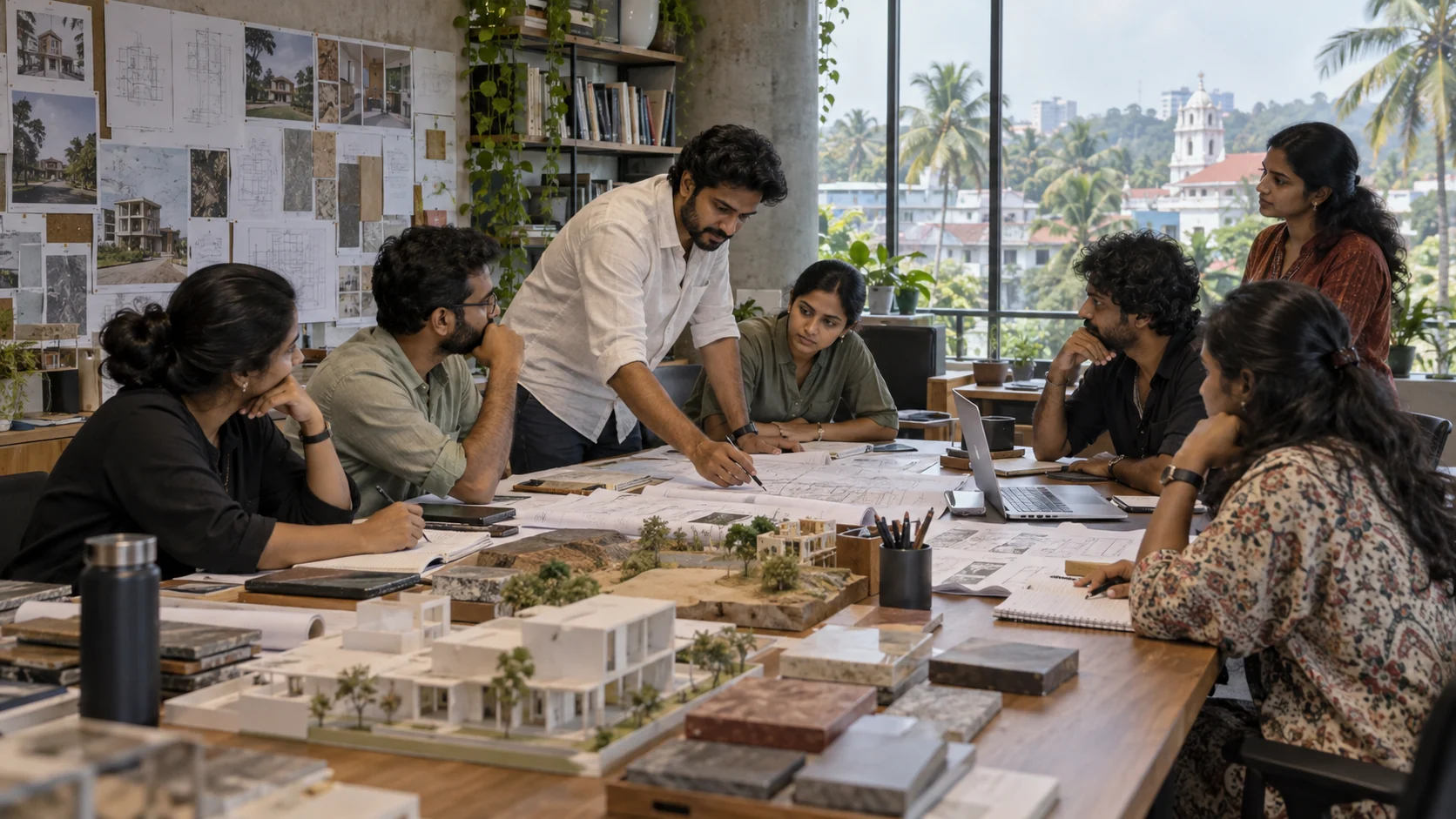 Indian architects and project leaders reviewing designs, models and delivery performance in a Kerala studio.
