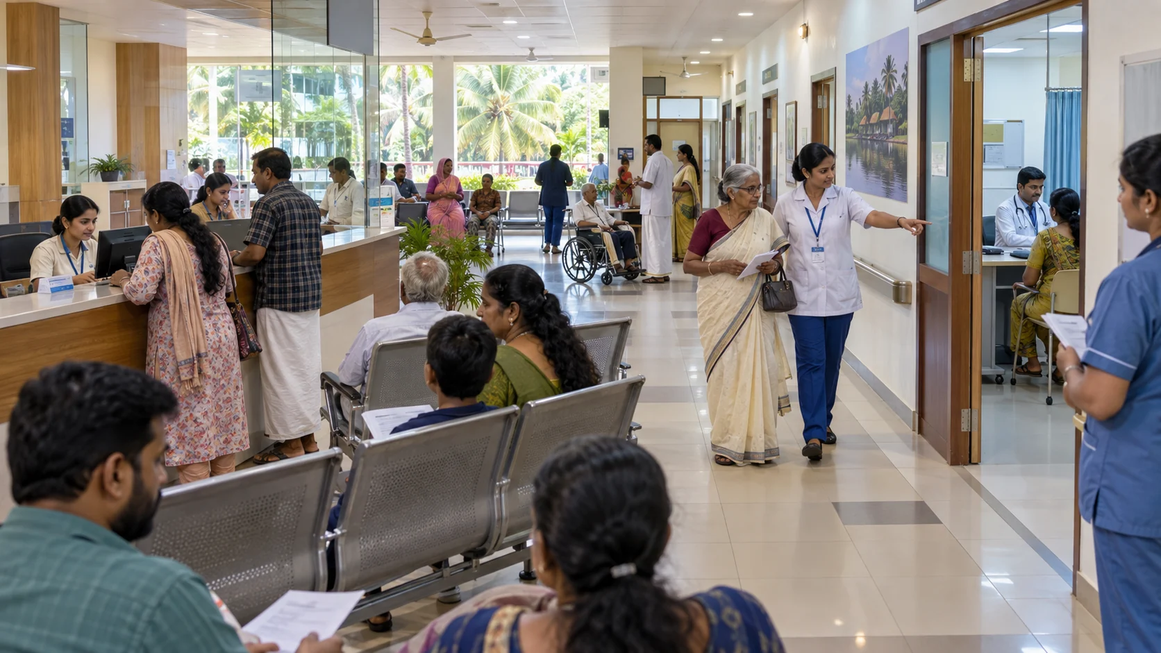 Indian patients and hospital staff moving through registration, waiting and consultation touchpoints in a Kerala outpatient department.