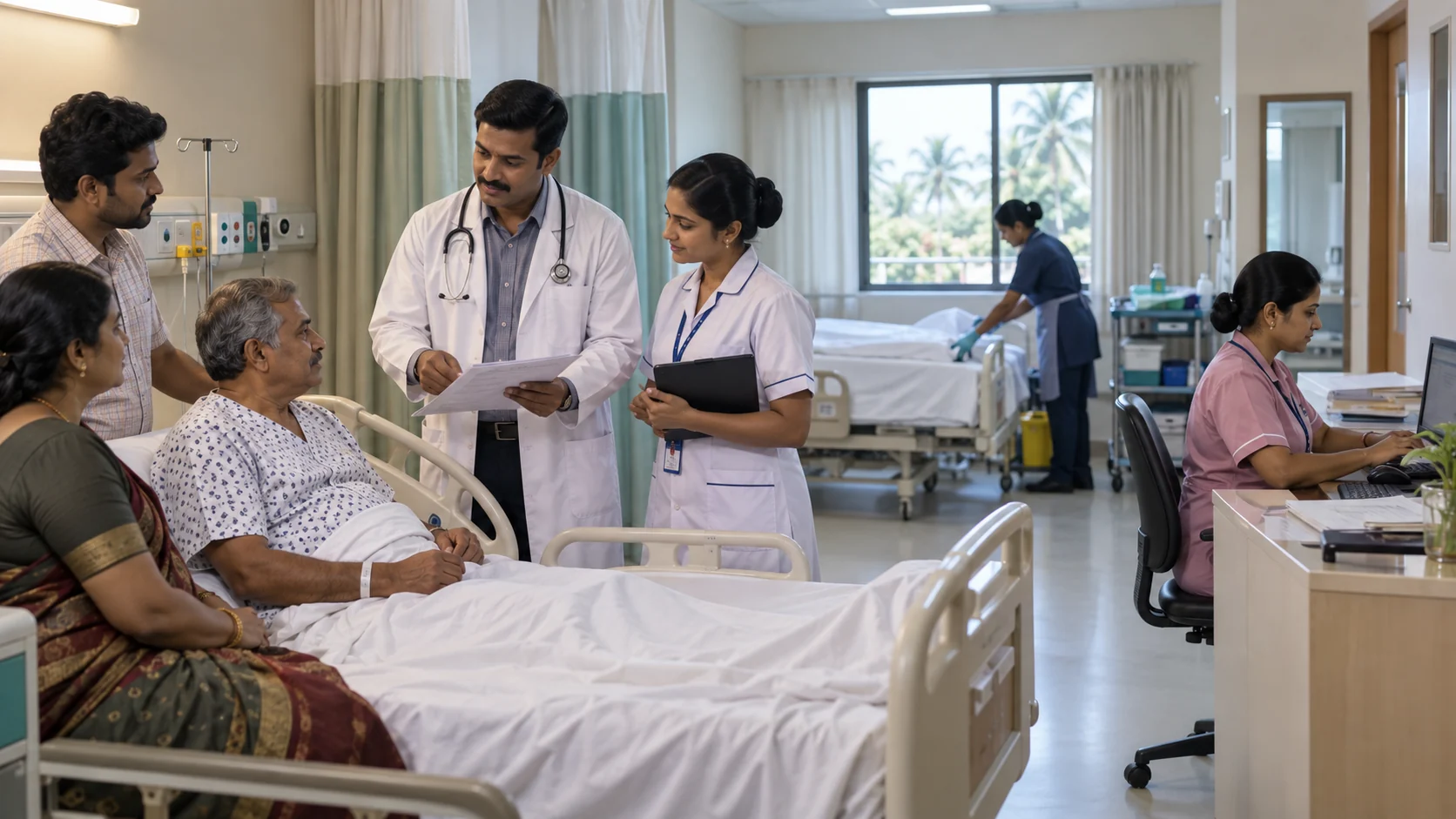 A Kerala hospital team coordinating an Indian patient's discharge while housekeeping prepares a vacated bed.