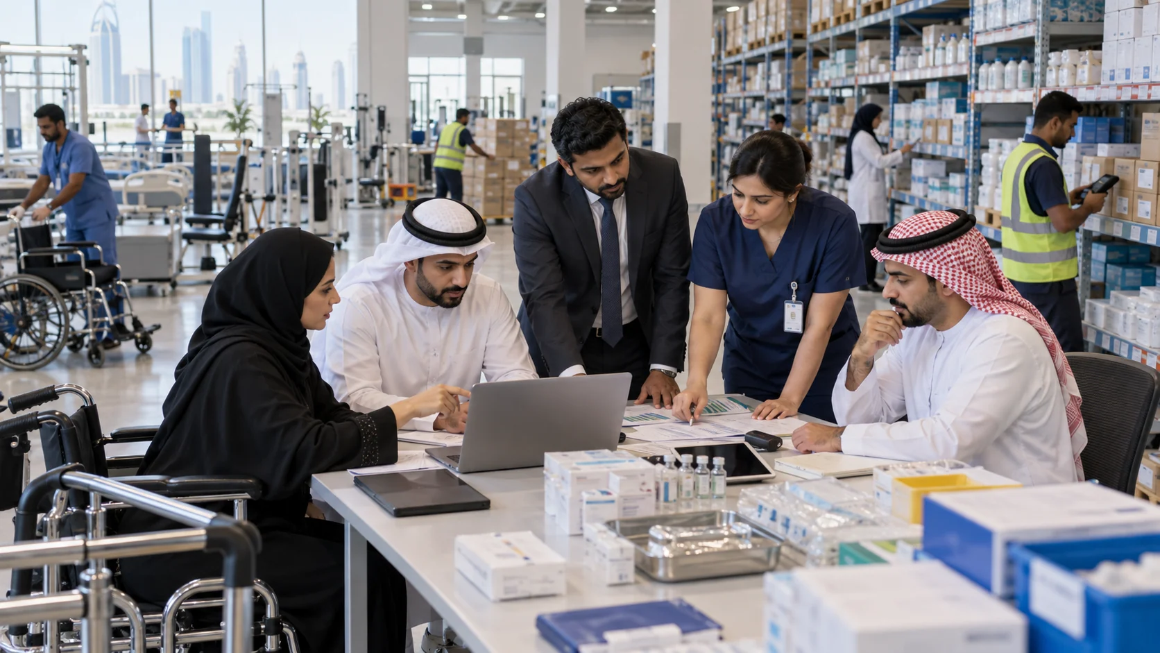Gulf Arab and expatriate healthcare leaders reviewing pharmaceutical and rehabilitation-supply procurement in a GCC warehouse.