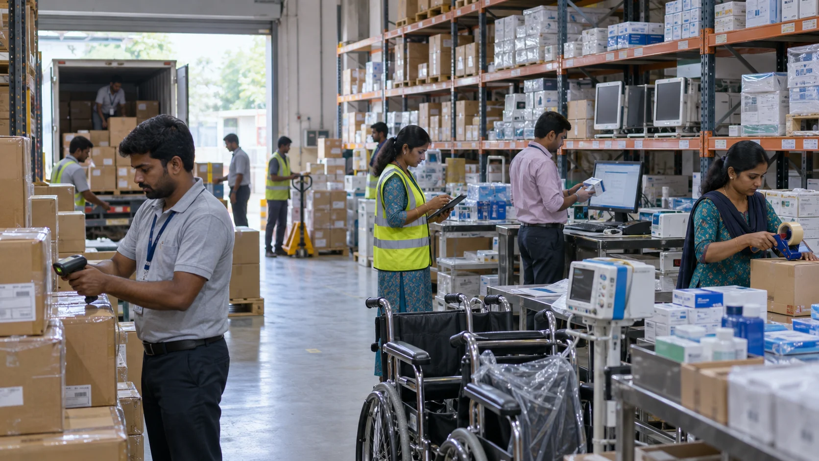 Indian warehouse and eCommerce teams coordinating medical-device receipts, inventory and B2B order fulfilment.