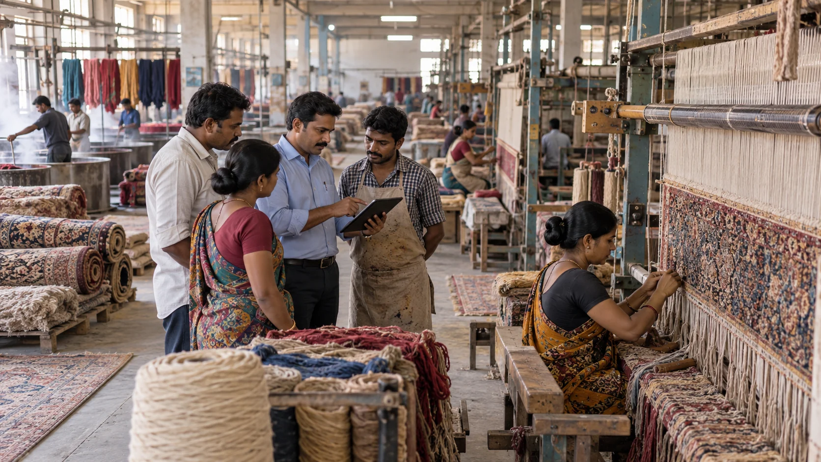 Indian rug-and-carpet manufacturing teams mapping production flow beside looms, yarn, unfinished rugs and carpet rolls.