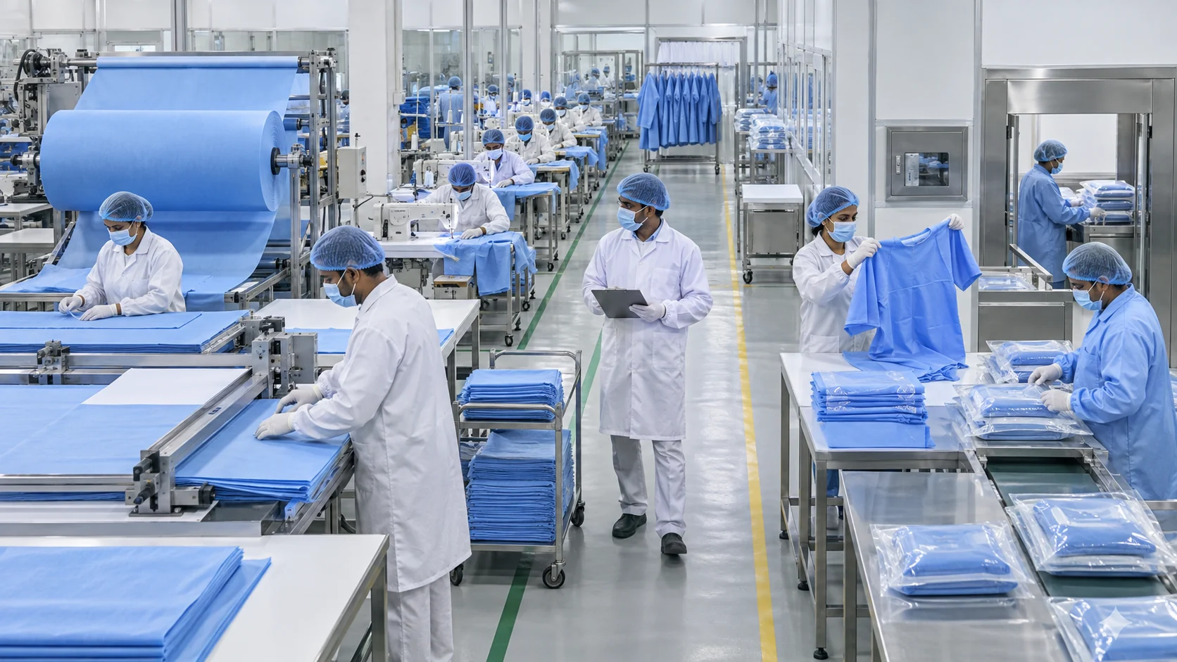 Indian medical-textiles employees working across segregated preparation, sewing, inspection and sterile packing zones.