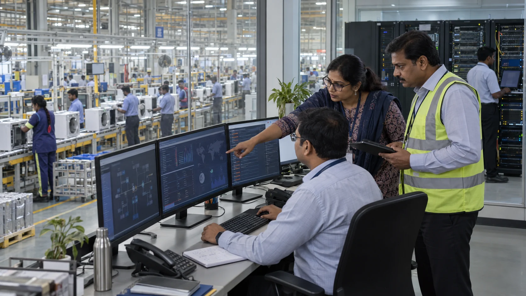 Indian IT, security and plant leaders reviewing information controls beside an active electrical-appliance assembly floor.