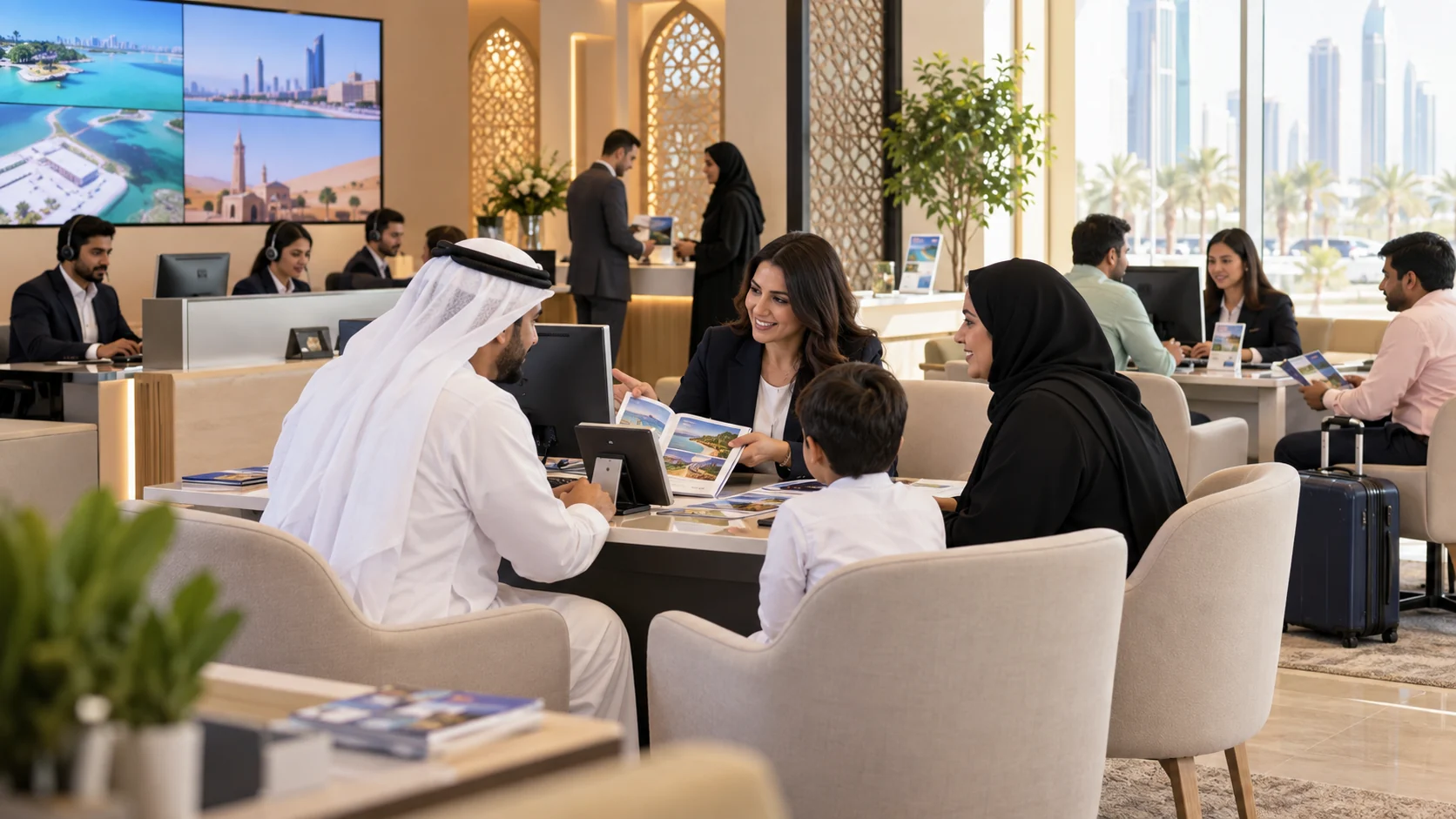 Gulf Arab and expatriate customers consulting a multi-channel travel and visa-services team in a GCC office.