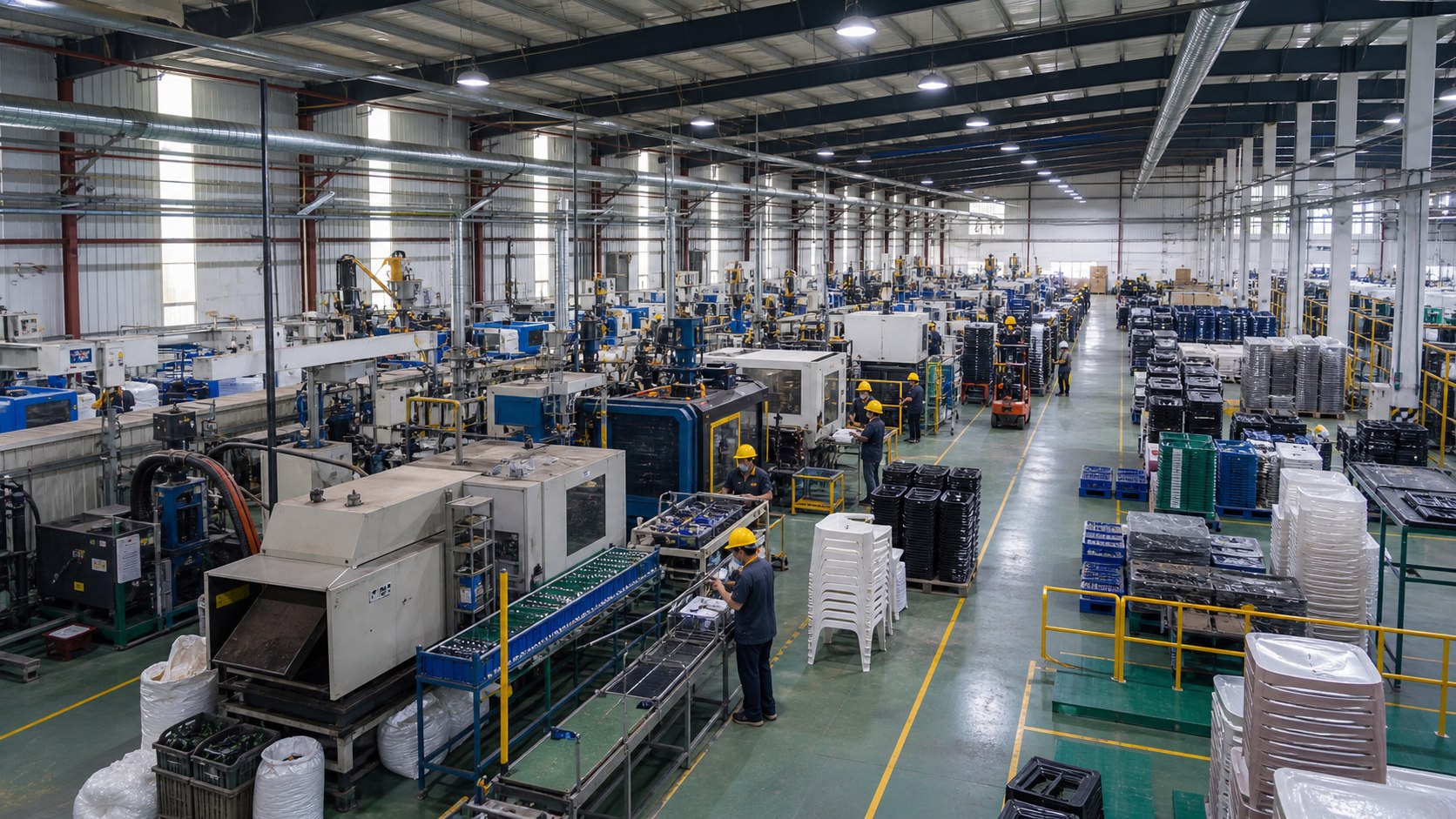 Wide view across a plastic injection-moulding factory with multiple production cells and material-flow aisles.